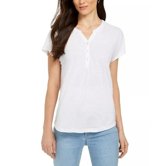 Style & Co Women's Dolman-Sleeve Henley Linen-Blend Top White Size Large