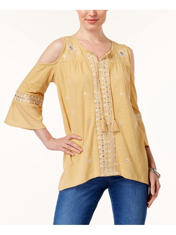 Style Co Women's Embroidered Cold-Shoulder Top Fem Shine Mango Small