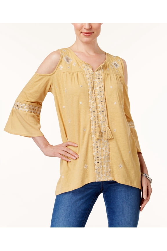 Style Co Women's Embroidered Cold-Shoulder Top Fem Shine Mango Small