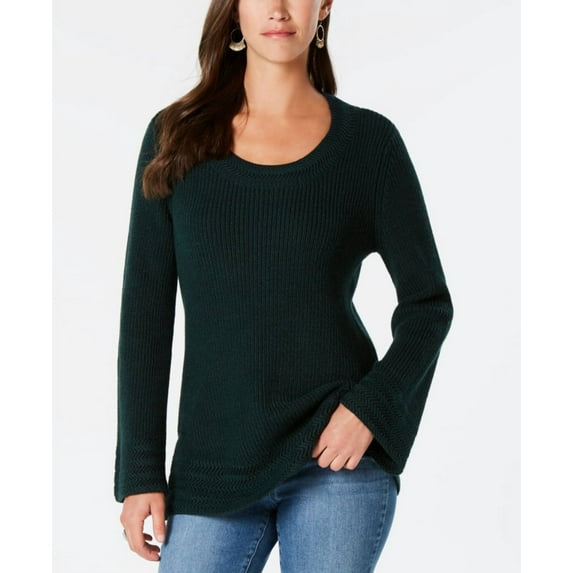 Style & Co. Women’s Flare-Sleeve Contrast-Border Sweaters, Deep Pine, Large