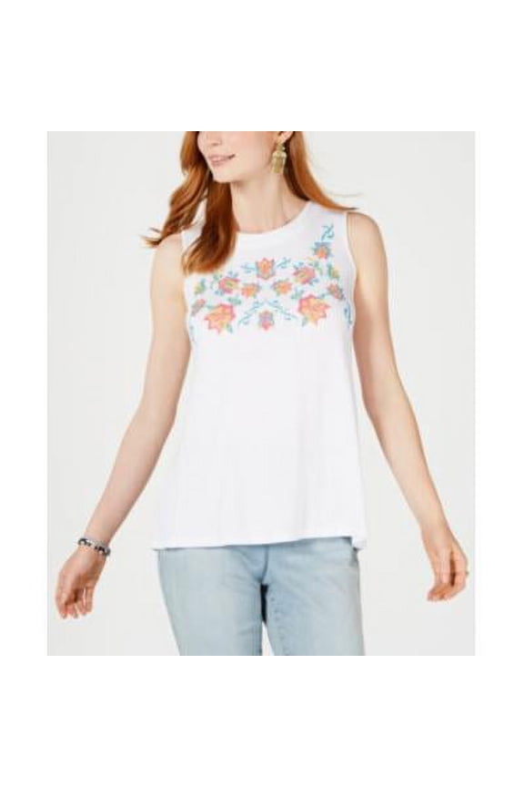 Style & Co Women's Floral Embroidered Tank Top White Size S
