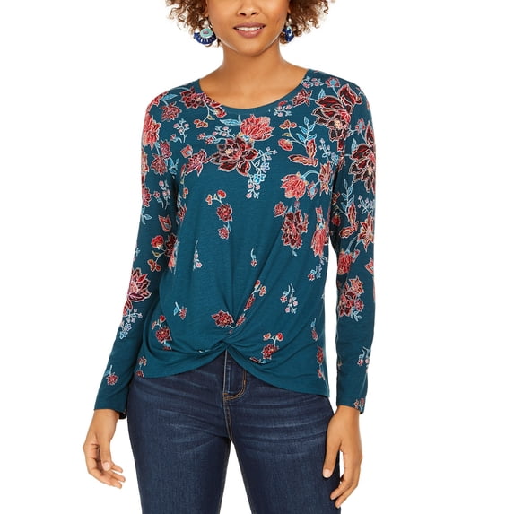Style & Co Women's Floral-Print Twist-Hem Top Green Size Small
