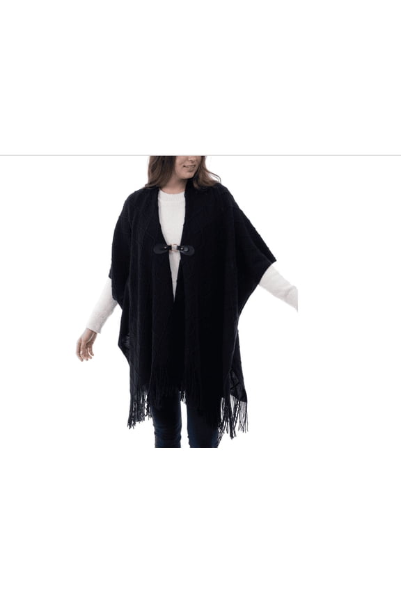 Style & Co Women's Fringe-Trim Toggle-Buckle Cape Sweater, Black
