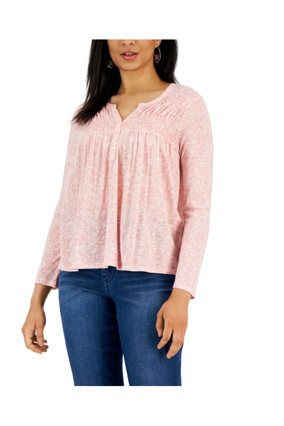 Style & Co Women's Knit Smocked Long Sleeve Top Orange Size Petite