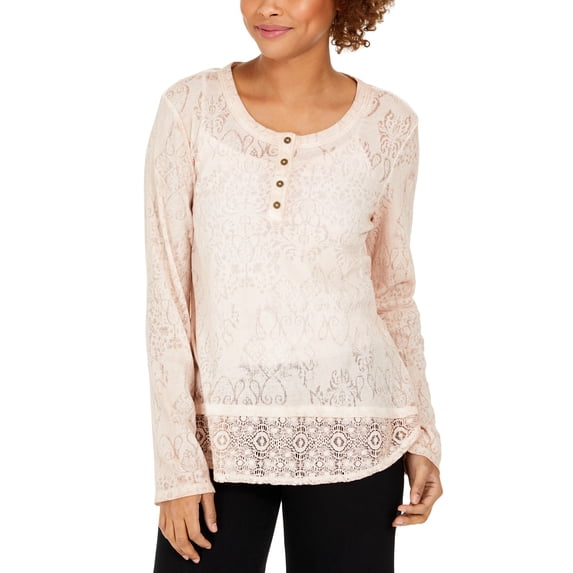Style & Co Women's Lace Henley Top White Size Medium