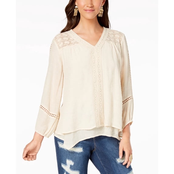 Style & Co Women's Lace-Yoke Handkerchief-Hem Top White Size Small