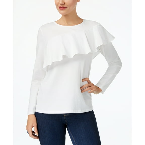 Style & Co Women's Long Sleeve Flutter Front Blouse Size L Winter White