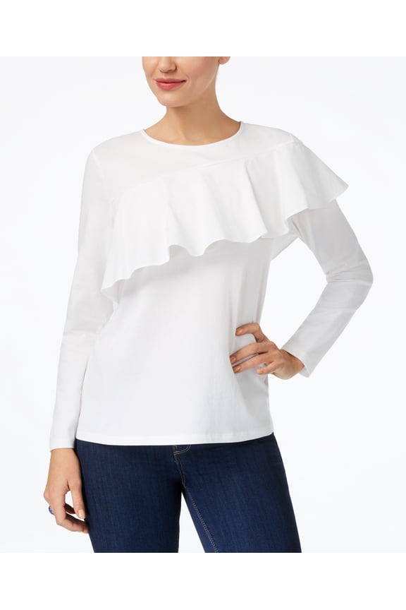 Style & Co Women's Long Sleeve Flutter Front Blouse Size L Winter White
