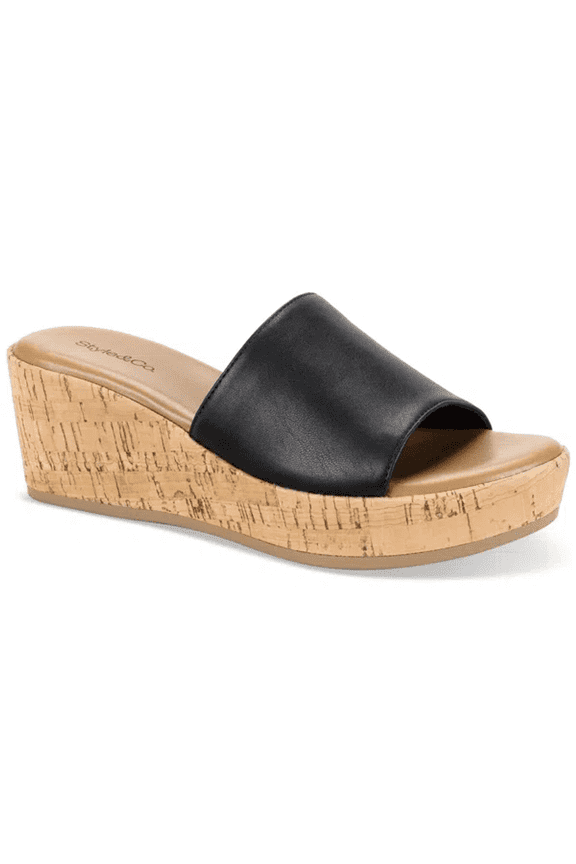 Style & Co Womens Meadoww Slide Wedge Sandals, Black Smooth, Size 11M