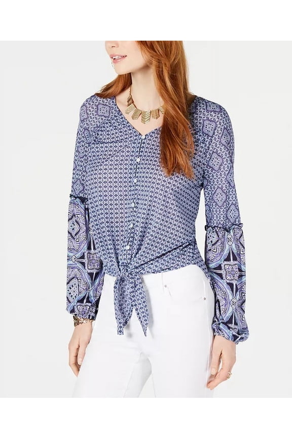 Style & Co Women's Mixed Print Tie Front Button Up Top Navy Size Large