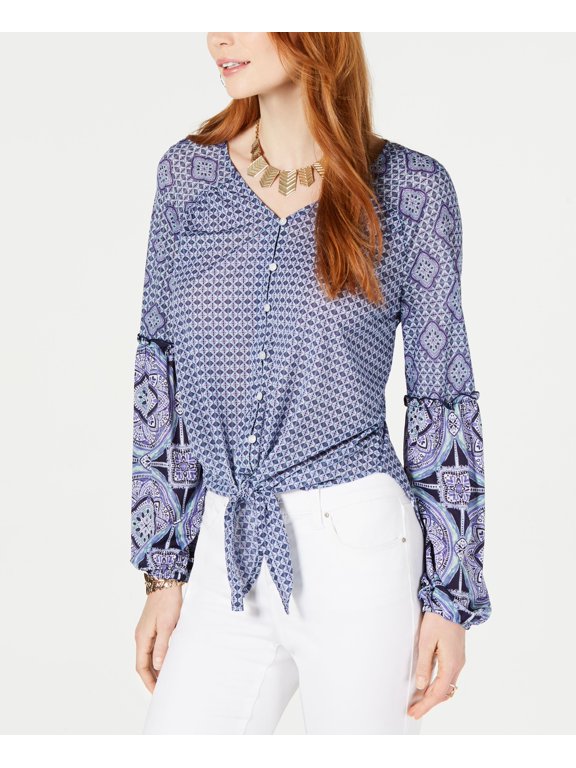 Style & Co Mixed Print Tie Front Button Up Top Tile Daze L