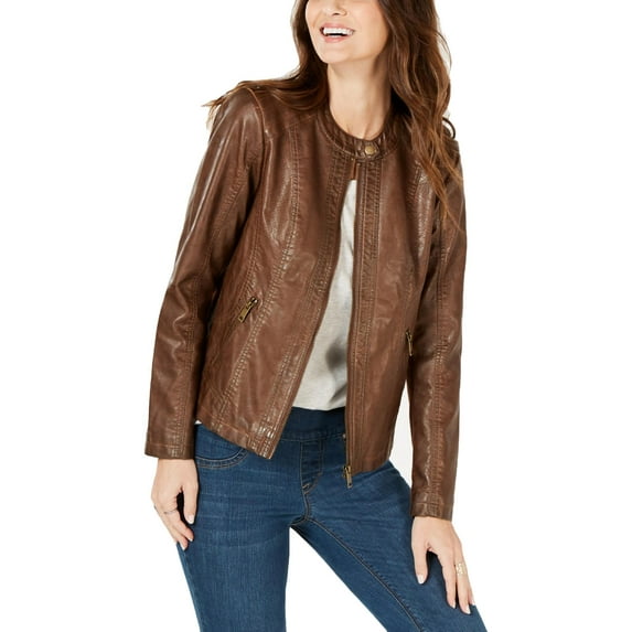 Style & Co Women's Perforated Garment Dyed Faux Leather Jacket Brown Size Large