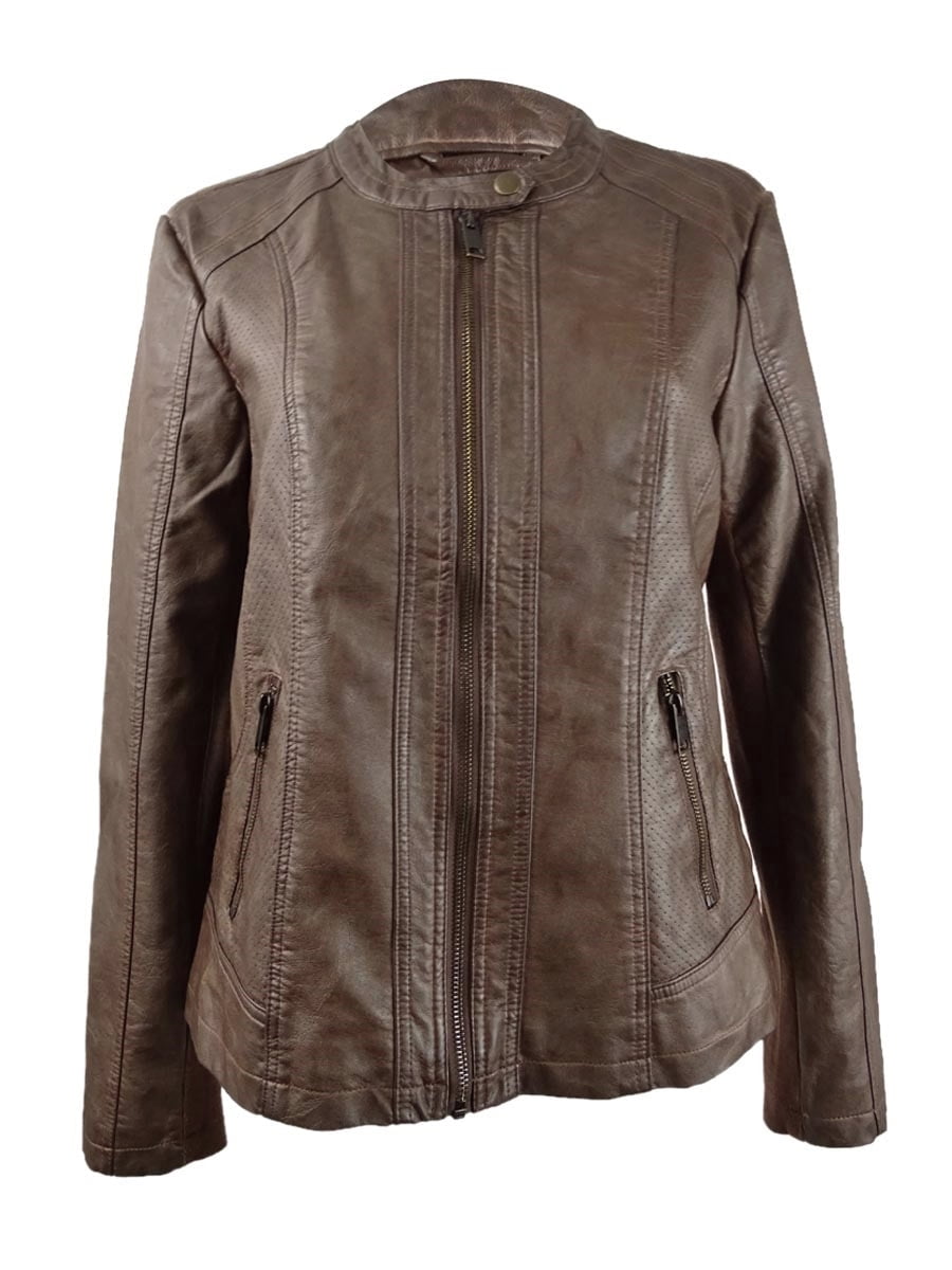 Style & Co Women’s Perforated GarmentDyed FauxLeather Jacket Brown