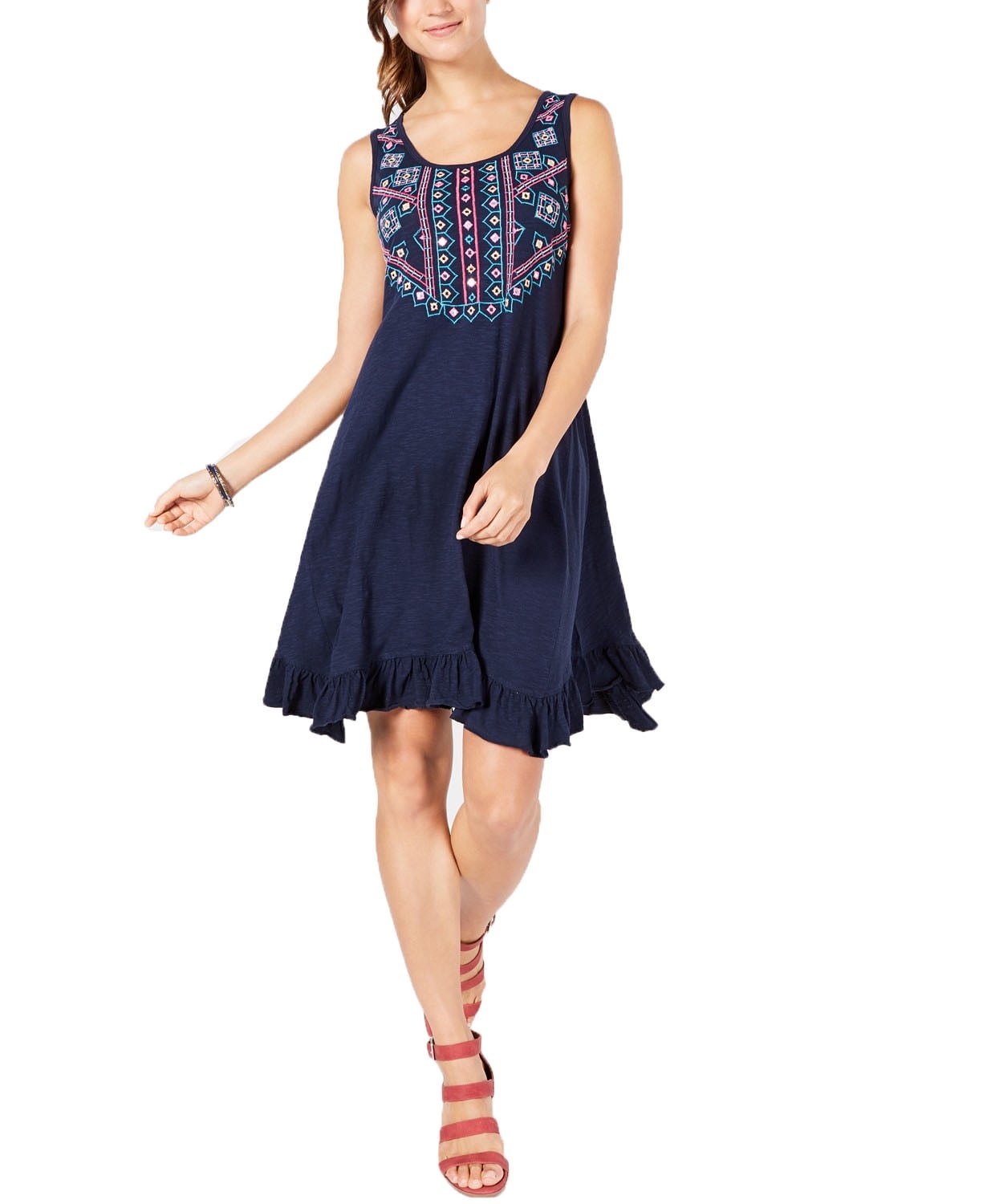 Style & Co Women's Petite Cotton Embroidered Ruffle-Hem Dress Navy Size ...