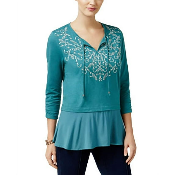 Style & Co. Women's Petite Embroidered Peasant Top (PM, Delilah Green)