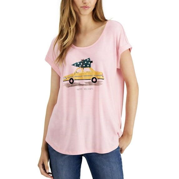 Style & Co Women's Petite Holiday Graphic Scoop Neck T-Shirt Pink Size PL