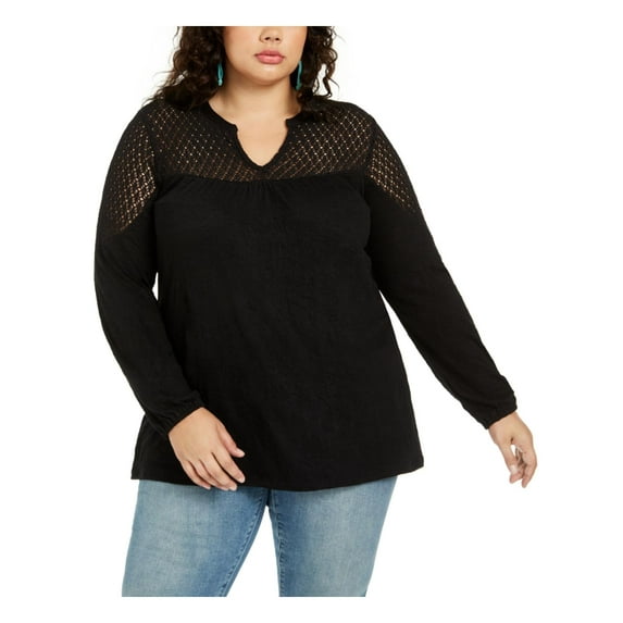 Style & Co Women's Plus Long Sleeve Crochet-Trim Top Black Size 2X