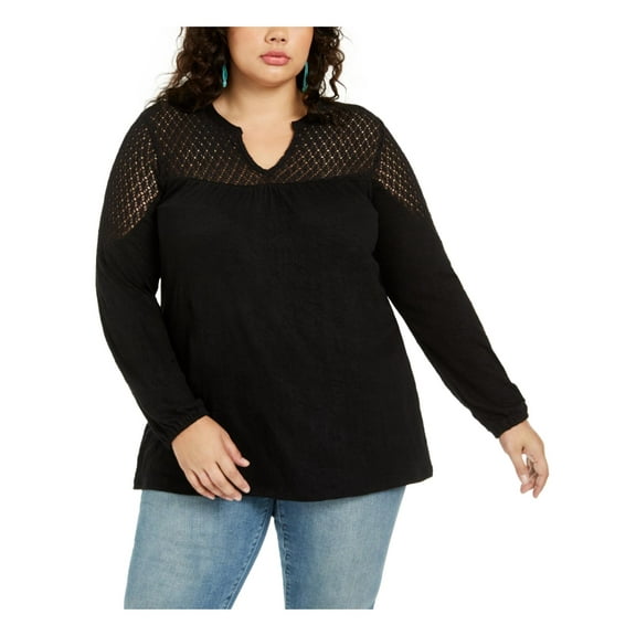Style & Co Women's Plus Long Sleeve Crochet-Trim Top Black Size 2X