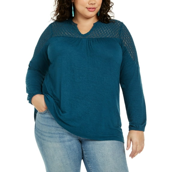 Style & Co Women's Plus Size Crochet-Trim Top Blue Size XXX-Large