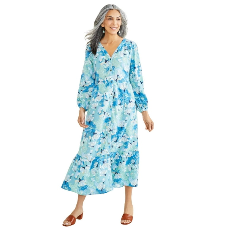 Style & Co Women's Printed Tiered Midi Dress - Teal - Petite Small