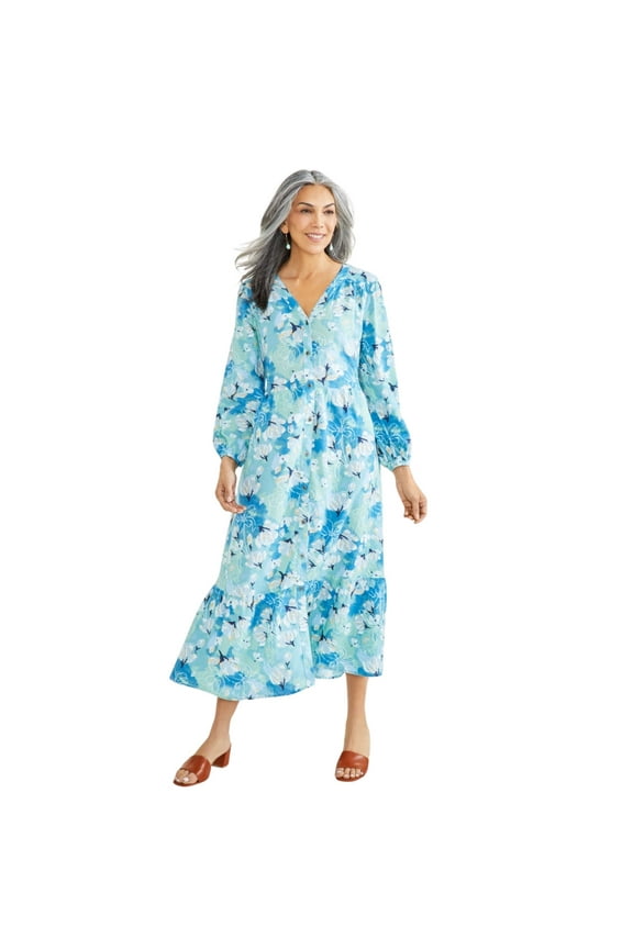 Style & Co Women's Printed Tiered Midi Dress - Teal - Petite XL