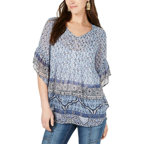 Style & Co Women's Retro Scarf Print Pintuck Pleat Top Navy Size X-Large