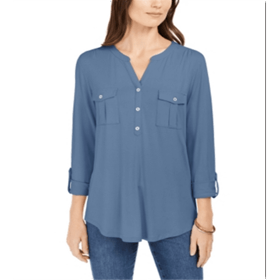 Style & Co Women's Split Neck Roll Tab Sleeve Top Blue Size Medium