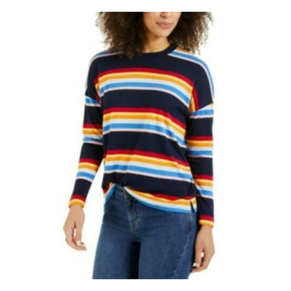 Style & Co. Women's Striped Large Knit Top Crew-Neck Black L