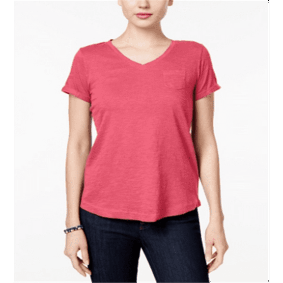 Style & Co Women's V Neck Pocket T-Shirt -Pink Size Petite L