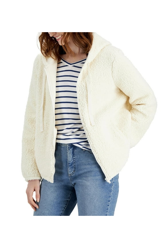 Women's Zip-Front Teddy Hoodie Natural Ivory Size XXL