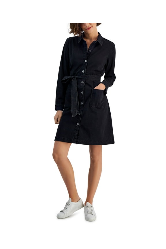 Style & Co Womens Belted Denim Shirtdress Washed Black XS