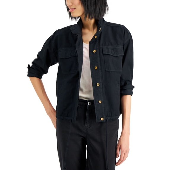 Style & Co Womens Cinch Hem Utility Jacket Deep Black Gd M