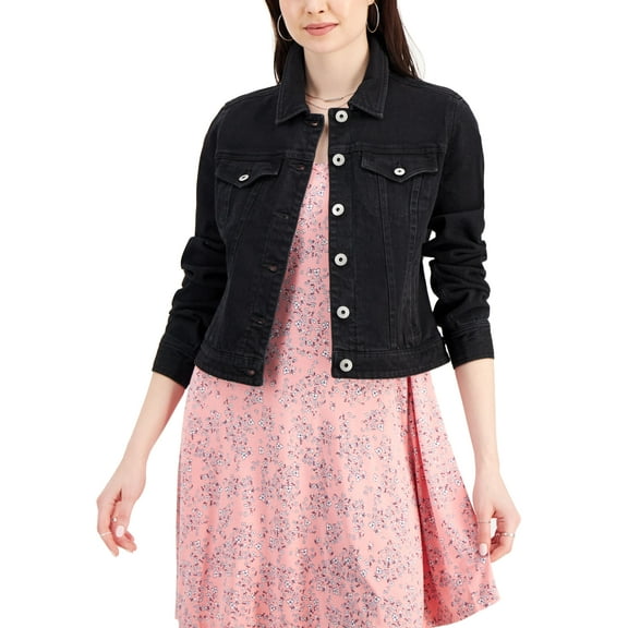 Style & Co Womens Classic Denim Jacket Mosaic Wash Washed Black S