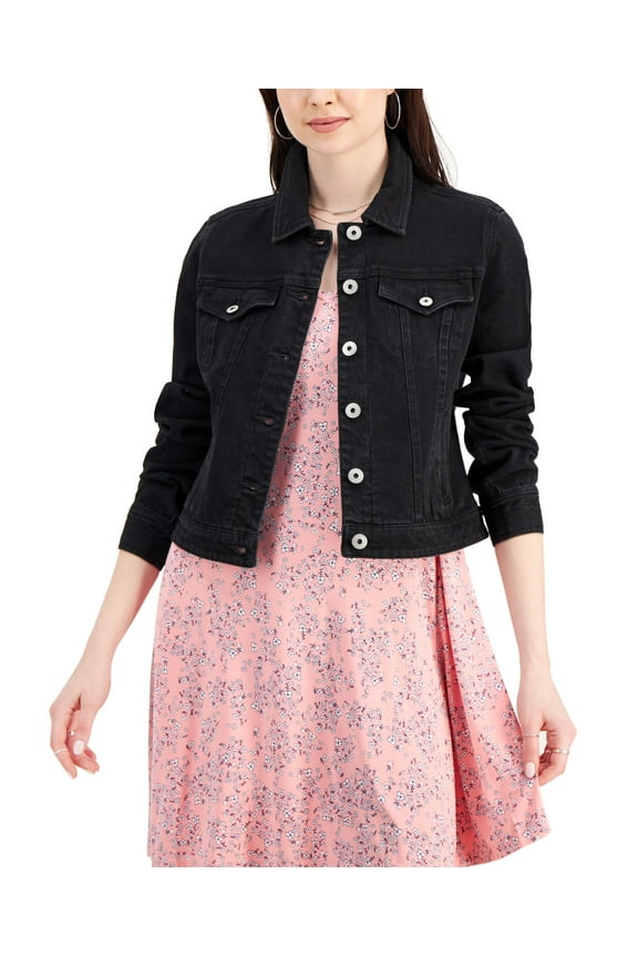 Style & Co Womens Classic Denim Jacket Mosaic Wash Washed Black S