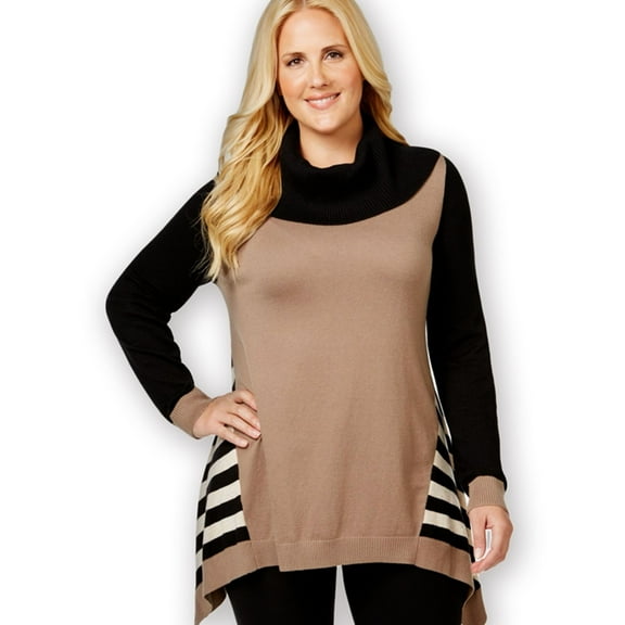 Style & Co. Womens Colorblocked Handkerchief-Hem Pullover Sweater, Brown, 0X