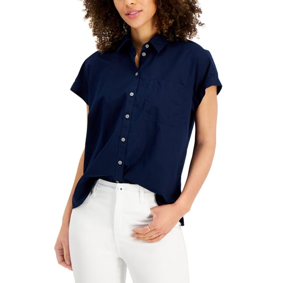 Style & Co Womens Cotton Camp Shirt Industrial Blue XL