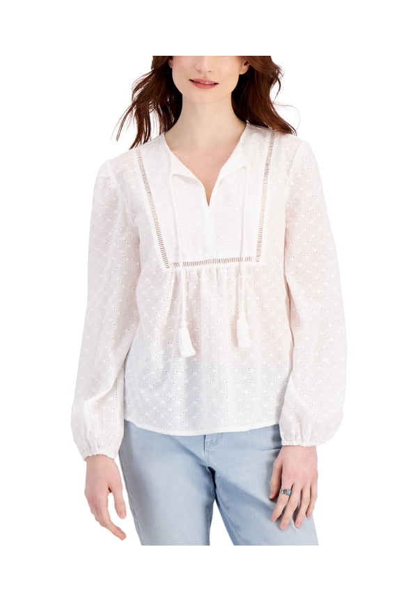 Style & Co Womens Cotton Eyelet Embroidered Ladder Trim Top Bright White M