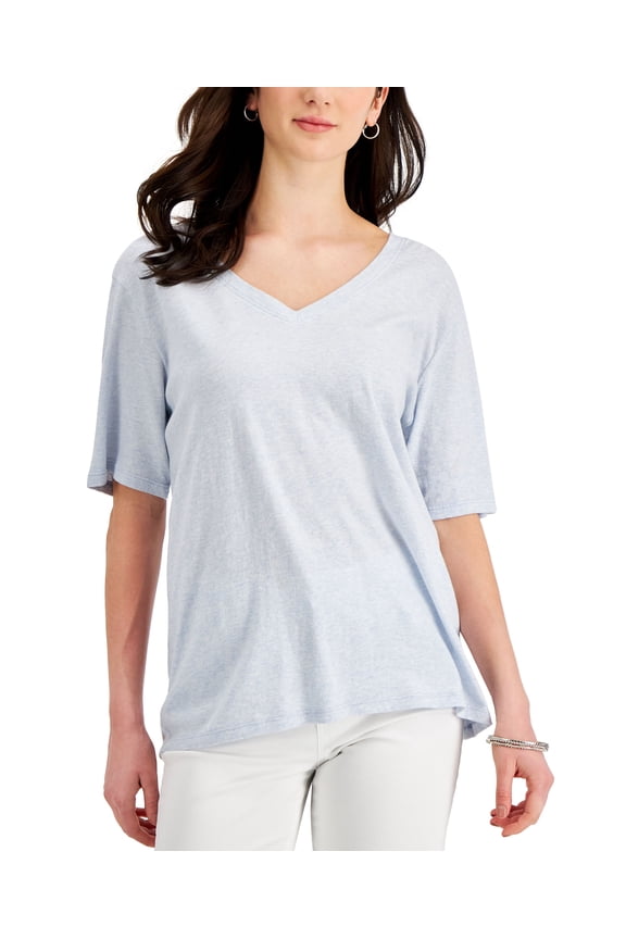 Style & Co Womens Cotton Oversized V Neck T-Shirt Cool Rain Heather L