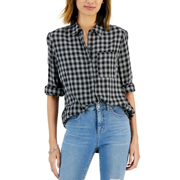 Style & Co Womens Cotton Plaid Button Front Shirt Deep Black M