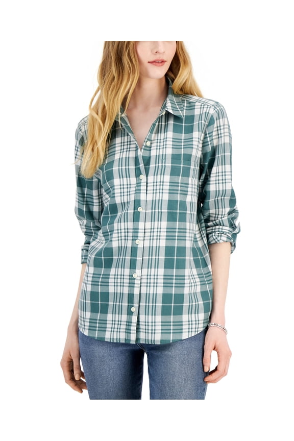 Style & Co Womens Cotton Plaid Button Front Shirt Sagebrush Combo XL