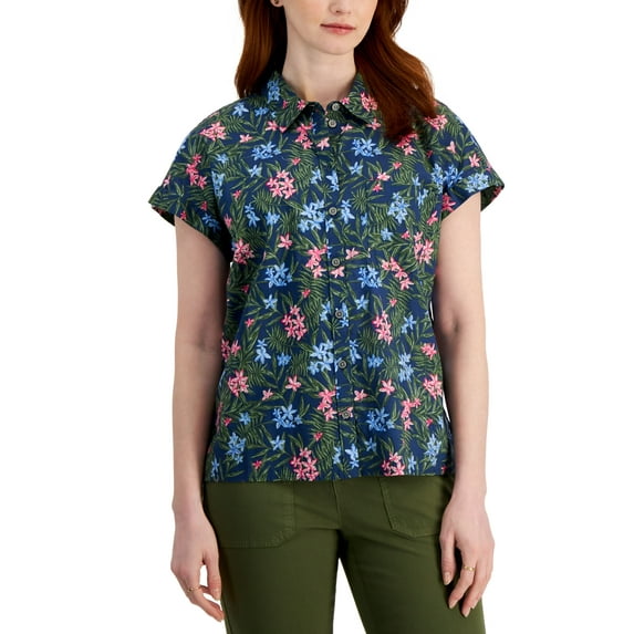 Style & Co Womens Cotton Printed Camp Shirt Rihanna Blue XS