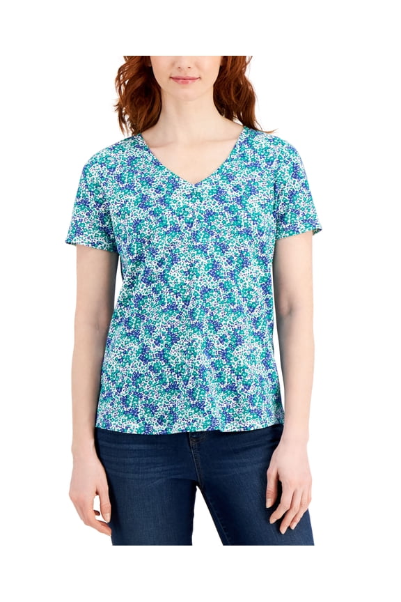 Style & Co Womens Cotton Printed V Neck T-Shirt Bright White M