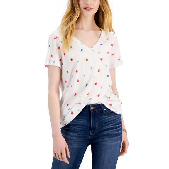 Style & Co Womens Cotton Printed V-Neck T-Shirt White Stars 2XL