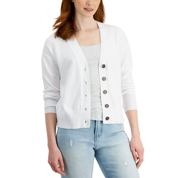 Style & Co Womens Cropped Button Cardigan Bright White M