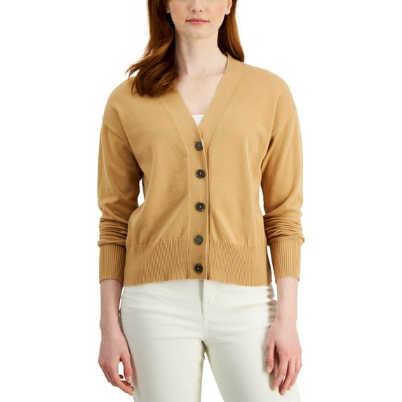 Style & Co Womens Cropped Button Cardigan Icy Coffee L