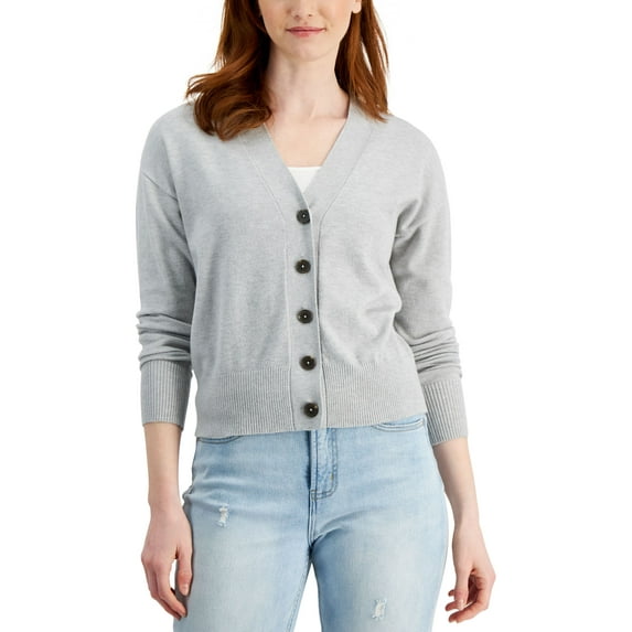 Style & Co Womens Cropped Button Cardigan Light Grey Hthr M