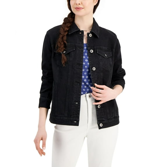 Style & Co Womens Denim Trucker Jacket Washed Black M