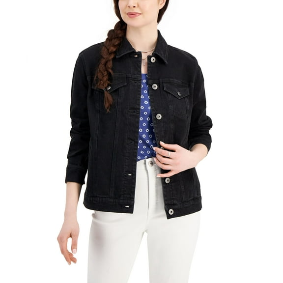 Style & Co Womens Denim Trucker Jacket Washed Black S