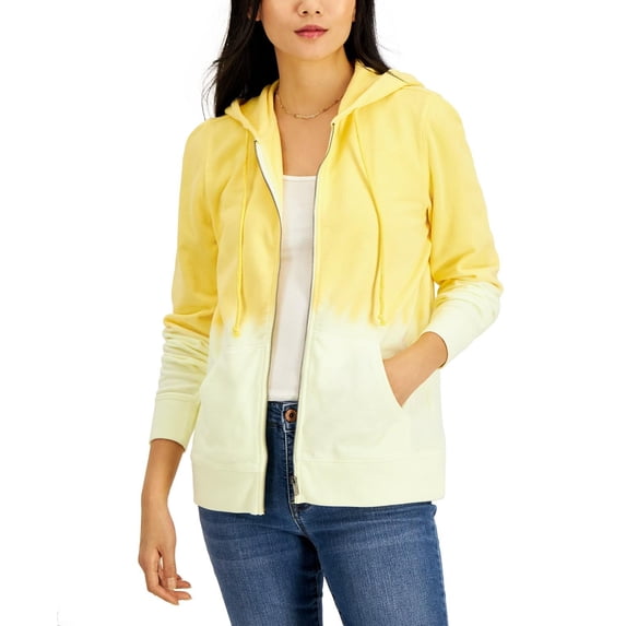 Style & Co Womens Dip-Dye Zip-Front Hoodie, Yellow, Size XX-Large