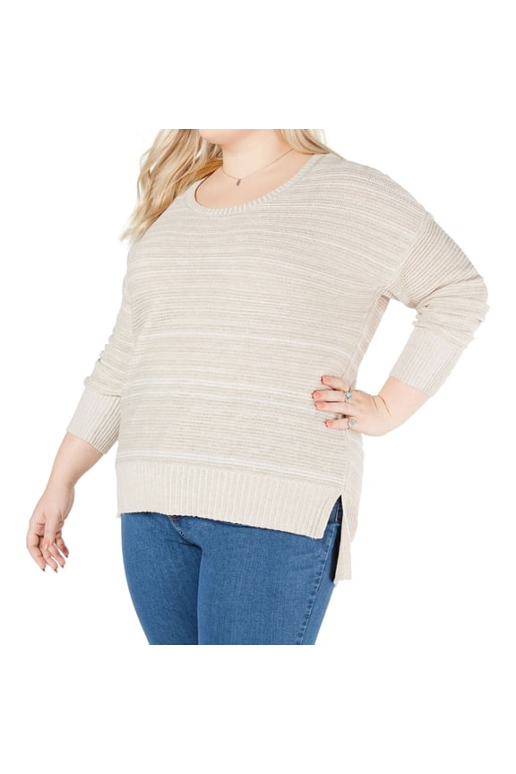 Womens Drop Shoulder Pullover Sweater, Beige, Plus Size, 2X